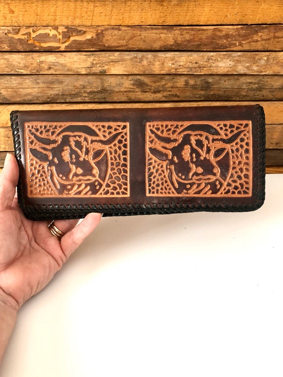 Long Leather Western Tooled Wallet and Credit Card Holder - Big