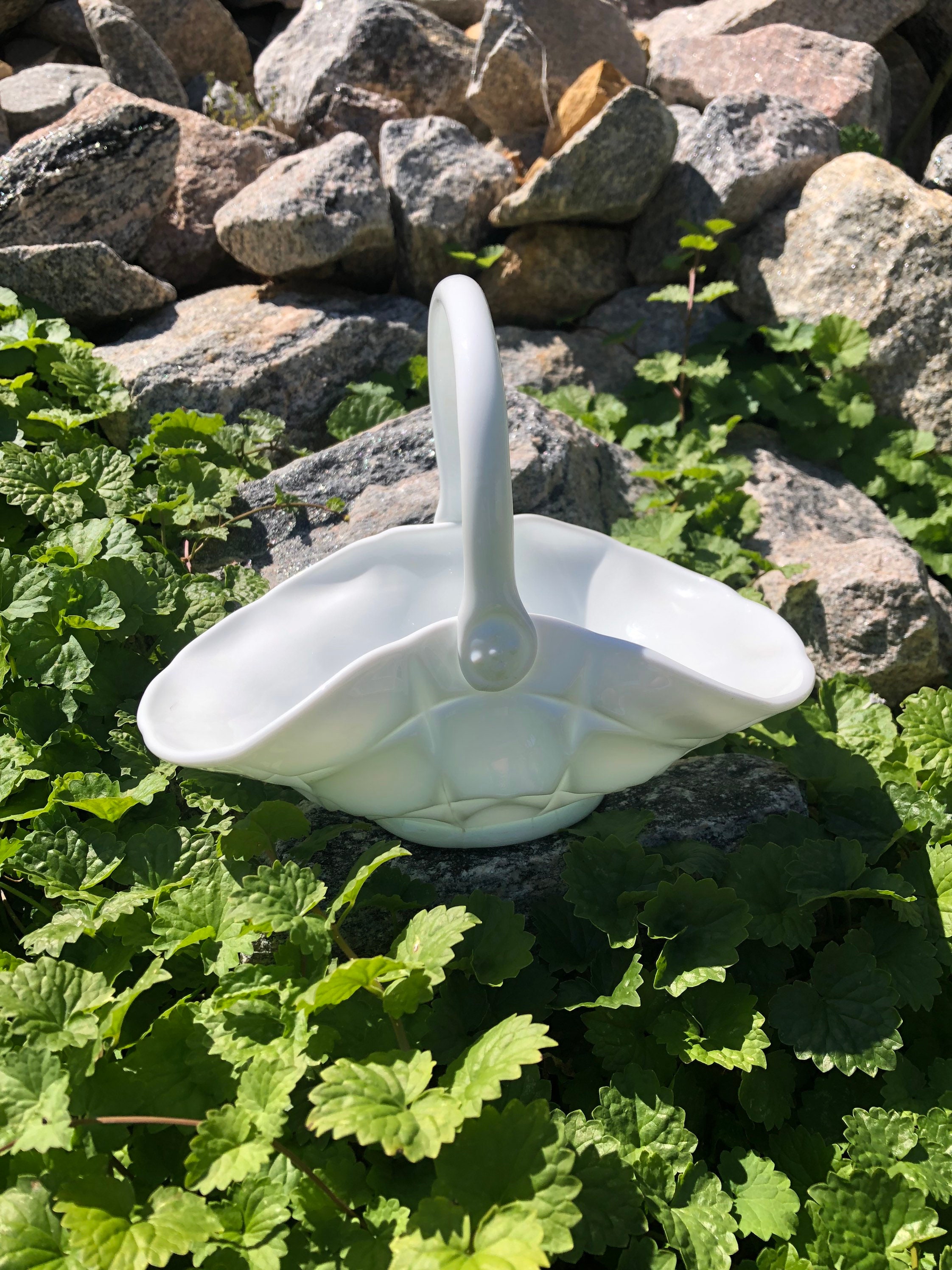 Antique Milk Glass Flower Basket, White Indiana Glass Brides Basket, Garden Party Decor, Easter Decoration, Florist Floral Holder, Gift