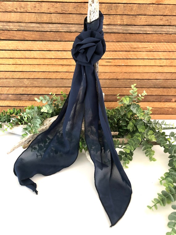 Lovely Vintage Scarf, Navy Blue with Flower Clip,… - image 9