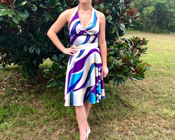 Vintage 1980s Halter Dress, Retro Style Purple, Blue and Gold Dress, Vintage Ladies Dress, Pastel Dress, Pretty Esty Dress