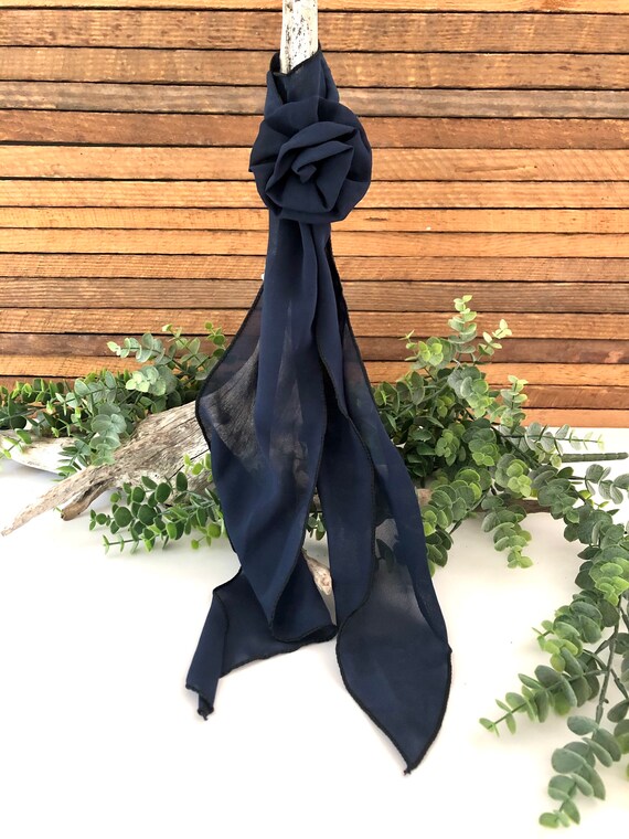 Lovely Vintage Scarf, Navy Blue with Flower Clip,… - image 7