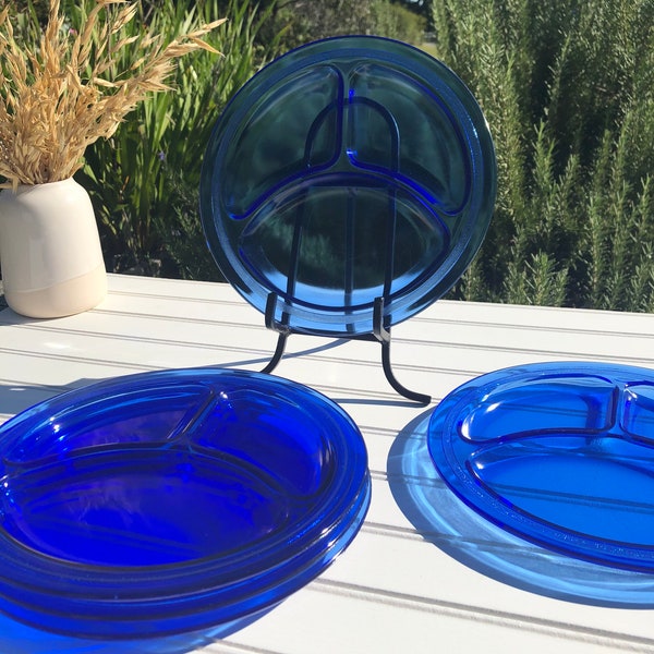 Vintage Cobalt Blue Glass Plates, Set of 5, Divided Blue Glass Plates, Kitchen Essentials, Hosting Essentials, Vintage Kitchen Gift