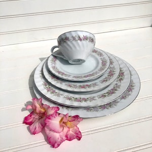 Vintage Teahouse Rose Dinner Place Setting, Pink Floral Dinner, Luncheon, Salad, Bread Plate & Tea Cup, Dansico Japan, Replacement, VTG Gift