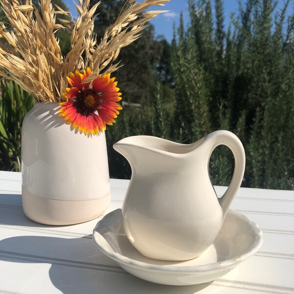 Antique Ceramic Pitcher and Bowl, Small Water/ Cream Pitcher with Bowl, Vintage Creamer, Farmhouse Decor, Antique Gift for Her