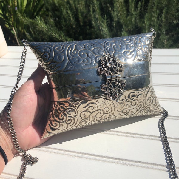 Vintage Silver Tone Metal Pillow Purse Velvet Lined, Victorian Revival Antique Hinged Box Purse, Purse, Gift for Her, Christmas Gift