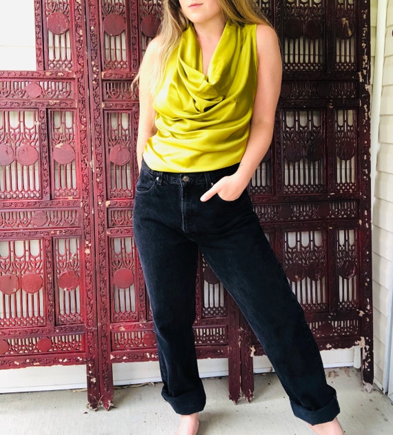 Silky chartreuse cowl neck top