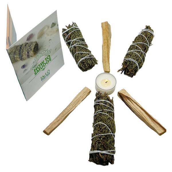 Juniper Smudge Kit : 3 Juniper Smudge Sticks , 3 Palo Santo Sticks , 1 T-lite Frankincense Candle , Smudging Guide