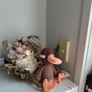 May include: A handmade crochet duck with a brown body, head, and wings, and a peach-colored beak and feet. The duck is sitting on a white surface, with dried flowers in the background. The duck is a charming, handcrafted item.