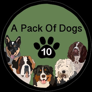 Puede incluir: Un círculo verde con el texto "A Pack Of Dogs" y una huella de pata negra con el número 10 en su interior. Hay cinco perros alrededor de la huella de pata: un perro blanco y negro, un perro marrón y blanco, un perro marrón y blanco, un perro blanco y un perro marrón y blanco.