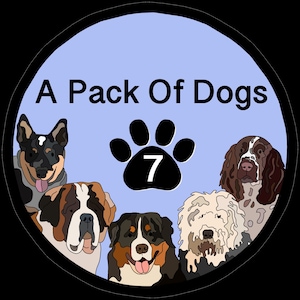 Puede incluir: Un círculo azul con el texto "A Pack Of Dogs" y una huella de pata negra con el número 7 en su interior. Hay cinco perros en el círculo, incluyendo un perro blanco y negro, un perro marrón y blanco, un perro marrón, un perro blanco y un perro marrón y blanco.