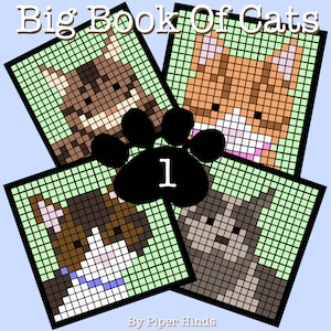 May include: A book cover with the title "Big Book Of Cats" and the number "1" in a paw print. The cover features four pixelated images of cats in different colors and patterns.