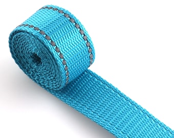 May include: A roll of turquoise blue webbing with a black trim. The webbing is woven with a textured pattern.