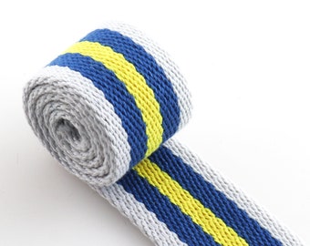 May include: Gray, blue, and yellow striped webbing ribbon. The ribbon is woven with a textured pattern.