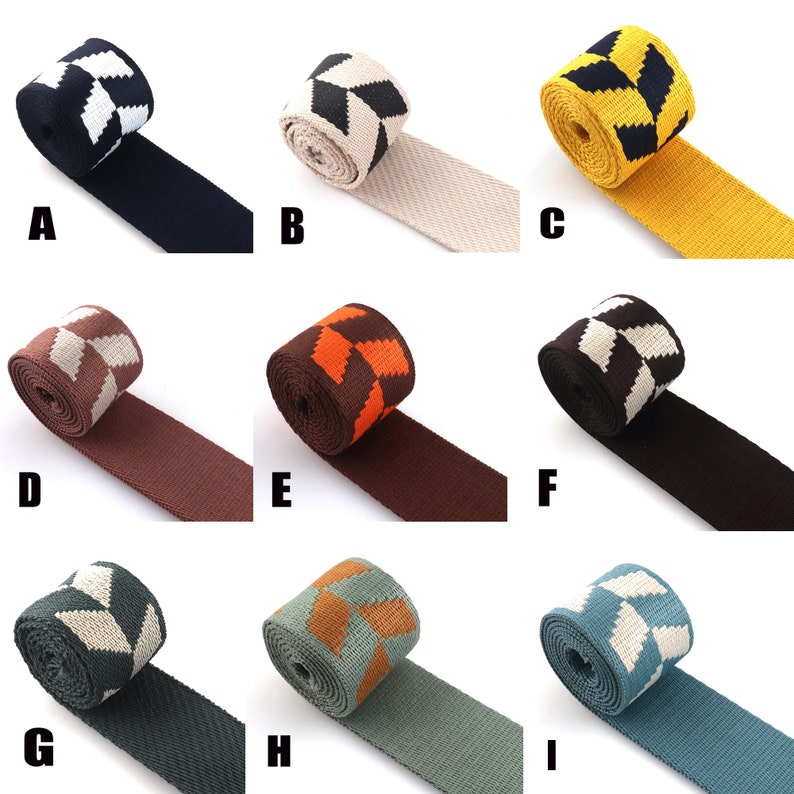 May include: Nine different colors of woven webbing with a geometric pattern. The webbing is available in black and white, beige and black, yellow and black, brown and white, orange and brown, brown and white, green and white, brown and orange, and blue and white.