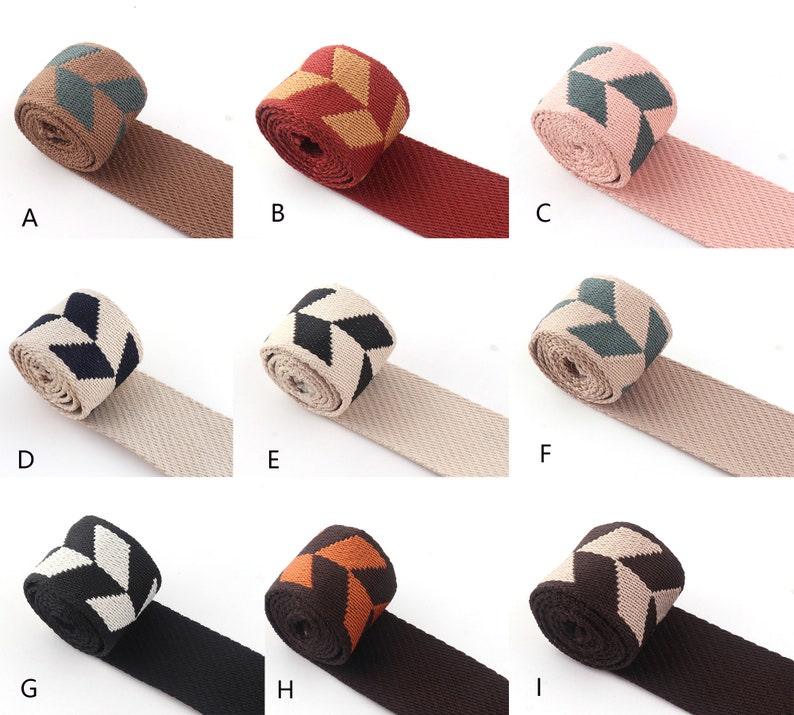 May include: Ten different colors of woven ribbon with a geometric pattern. The ribbon is available in black, white, brown, red, pink, green, beige, and orange.