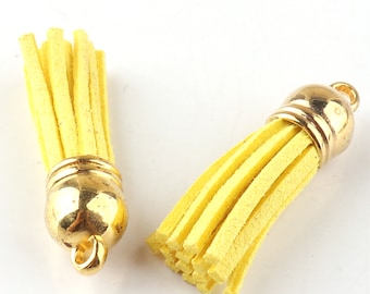 Yellow color Tassels pendant-- leather tassels,suede leather tassel,tassel key chain,Gold Cap-36 mm