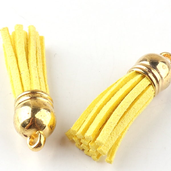 Yellow color Tassels pendant-- leather tassels,suede leather tassel,tassel key chain,Gold Cap-36 mm