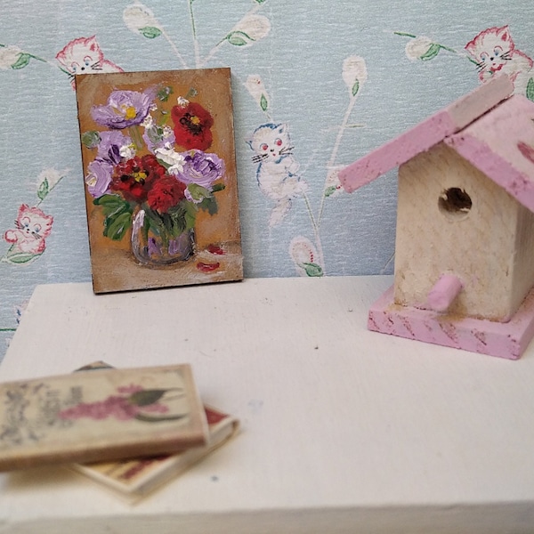 Hand painted wall art for dollhouse. Unframed painting. Flowers dollhouse décor for room box. Dollhouse picture. Gift for woman