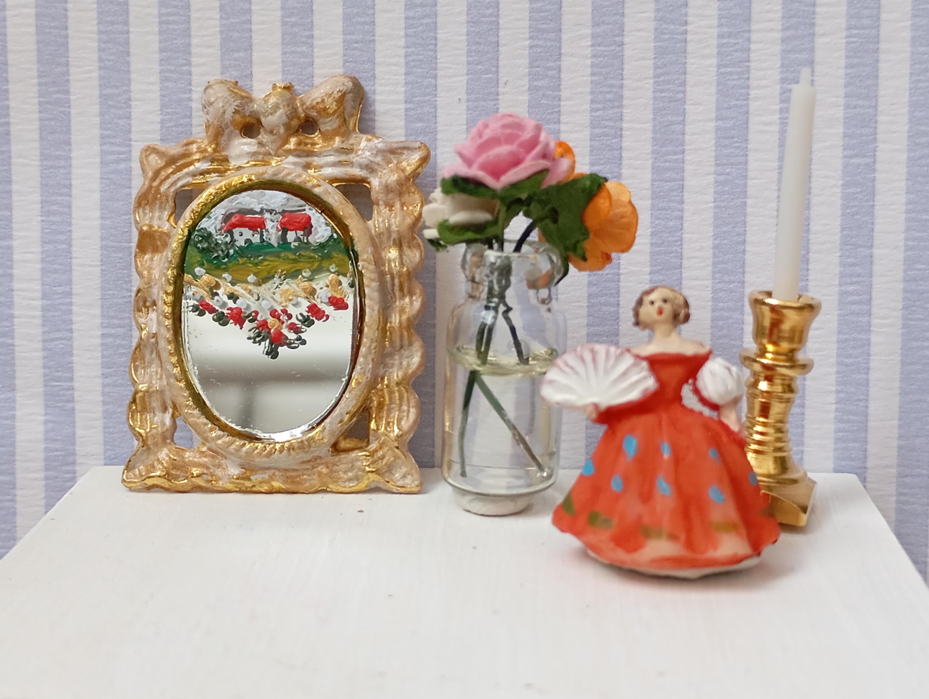 Hand painted mirror .Dollhouse  mirror 1:12 scale. Dollhouse Christmas ornament.dollhouse furniture. Miniature accessory.