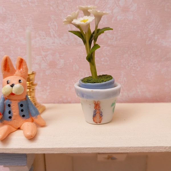 Peter Rabbit Dollhouse Miniature, Flower Pots,Aged White Planters,Garden Decor, Plant Pots, Antique Style, Shabby Cottage Chic, 1:12th Scale