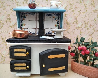 Dollhouse Stove, Oven, gift for woman,Cottage,Furniture handpainted.kitchen tiles 1/12 Scale farmhouse oven kitchen. Antique kitchen