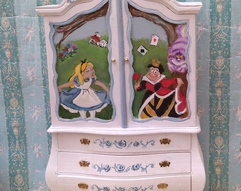 Alice in Wonderland wardrobe.wood dollhouse.handpainted Cabinet. Furniture handpainted with Alice.dollhouse cupboard, wardrobe