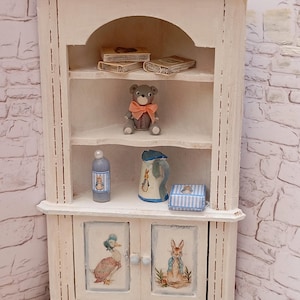 Miniature Dollhouse Peter Rabbit furniture 1:12 scale. Dollhouse corner shelves,Beatrix potter. Nursery dollhouse.Dollhouse shabby cupboard.