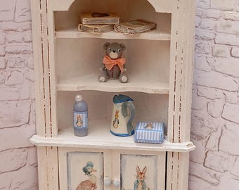 Miniature Dollhouse Peter Rabbit furniture 1:12 scale. Dollhouse corner shelves,Beatrix potter. Nursery dollhouse.Dollhouse shabby cupboard.