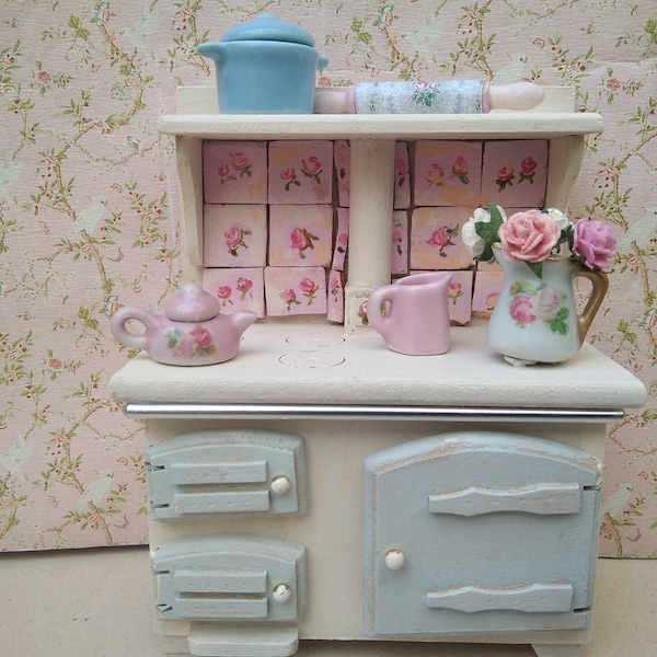 Dollhouse aga.Shabby chic dollhouse furniture. house old fashioned stove miniature kitchen furniture 1:12 scale. Cottage dollhouse.