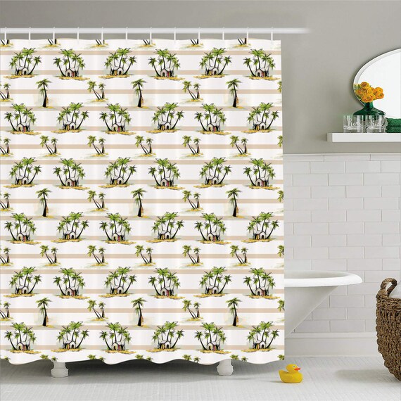 Exotic Shower Curtain Hand Drawn Tropic House With Watercolor Etsy