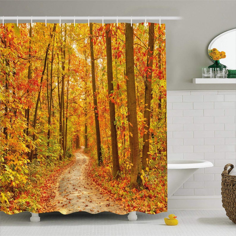 Fall Shower Curtain Deciduous Trees With Seasonal Leaves Pathway Wilderness Woodland Image Can Custom Picture Contain Hook
