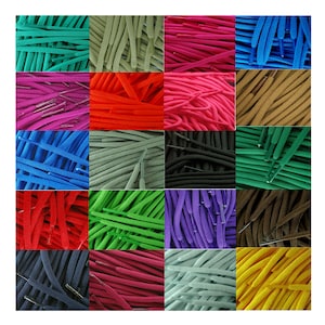 Könnte beinhalten: Eine Sammlung von Schnürsenkeln in verschiedenen Farben, darunter Rot, Blau, Grün, Lila, Braun, Schwarz und Gelb. Die Schnürsenkel sind in einem Rastermuster angeordnet.