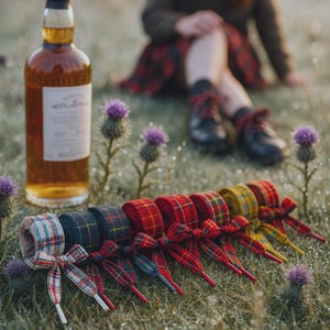 Può includere: Una collezione di rotoli di nastro scozzese con fiocchi in vari colori, tra cui rosso, verde e giallo, è esposta su una superficie erbosa. Una bottiglia di liquore color ambra e fiori di cardo viola sono anche nell'immagine.