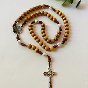 Brown Wooden Bead Rosary With st Benedict center piece and silver Cross