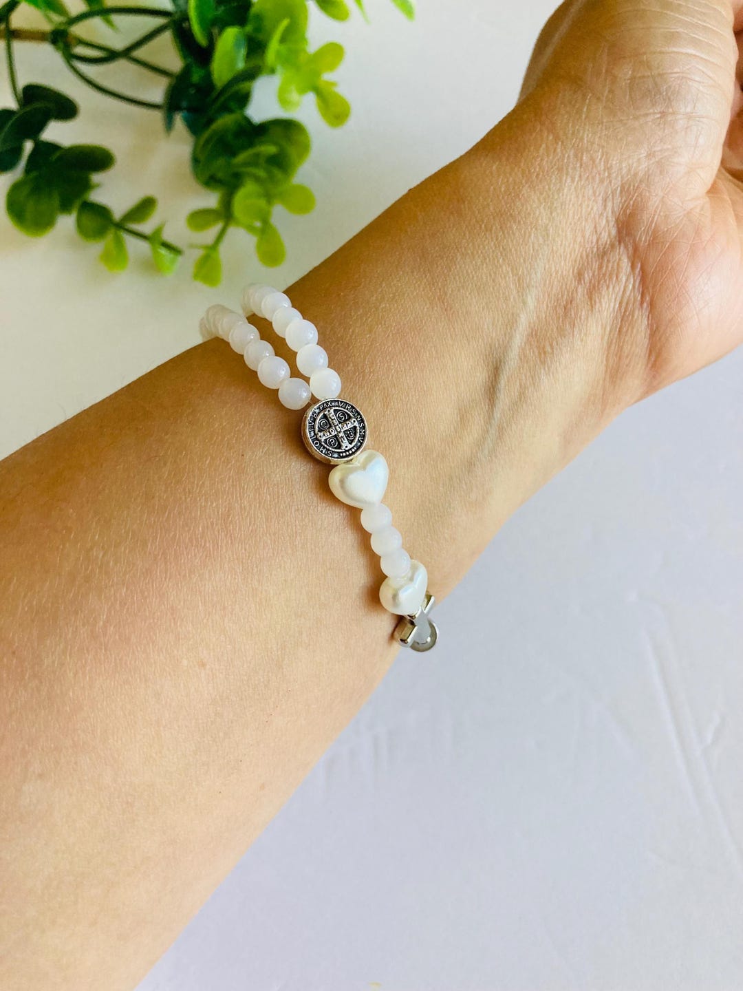 White Bead Rosary Bracelet With Magnetic Clasp and St Benedict