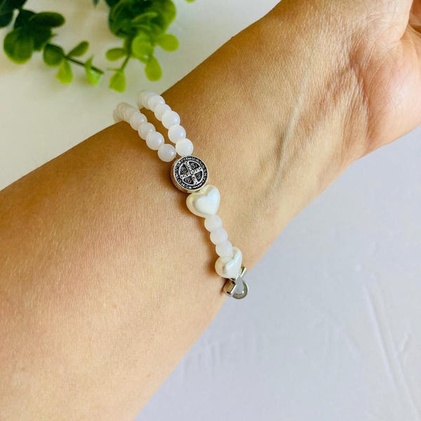 White bead Rosary bracelet with magnetic clasp and  st Benedict intercession bead for women and girls
