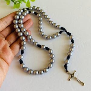 Grey  bead knotted nylon thread handmade Rosary with Silver Crucifix knotted rosary for catholic man woman daily prayer