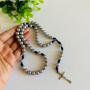 Grey  bead knotted nylon thread handmade Rosary with Silver Crucifix knotted rosary for catholic man woman daily prayer