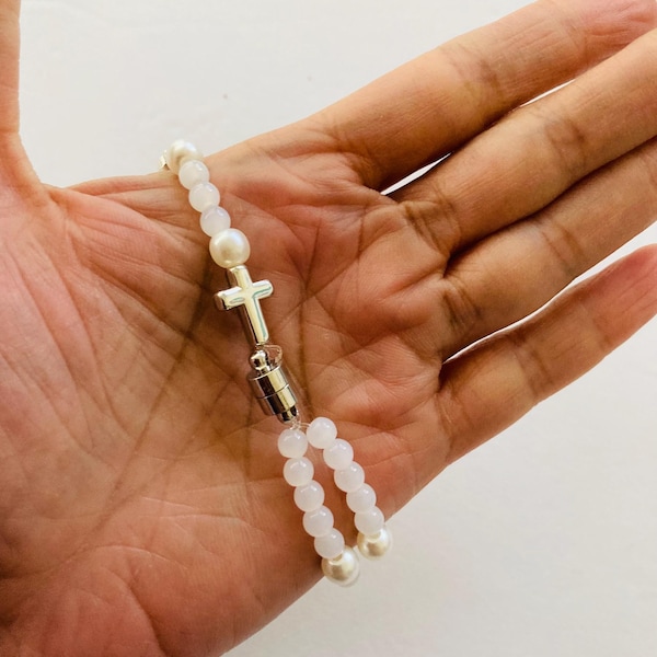 Handmade white Rosary bracelet with magnetic clasp with st Benedict intercession bead protection bracelet for Catholic women and girls