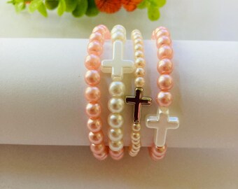 Ivory beige and coral pink  bead strechy bracelet with Cross  for Girls Women
