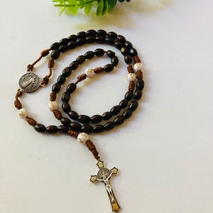 Brown Wooden Bead Rosary With st Benedict center piece and silver Cross