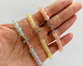 Handmade Blue pink yellow bead and Silver Cross Stretchy  BRACELET Gift for catholic Girls Women