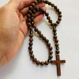 Brown Wooden Bead Rosary With Wooden Cross Prayer Rosary