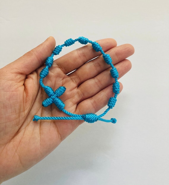 Sky Blue Nylon Thread Knotted Rosary Religious Bracelet Cord