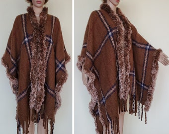 Open throw Ruana Crochet Faux Fur on Woven fabric
