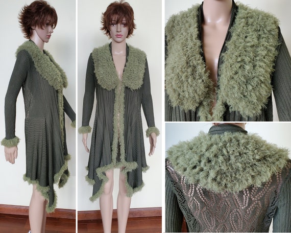 Light Cardigan Duster Knitted Fabric and Lace With Faux Fur Crochet Accents Olive Green size S M Etsy