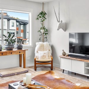 May include: A cozy living room scene with a wooden chair draped in a fluffy white throw and a decorative pillow. A hanging plant and a white antelope head add to the room's decor. A large TV and a wooden console complete the space.