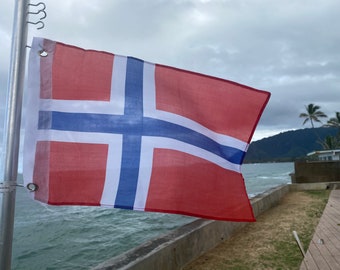 May include: A Norwegian flag, featuring a red field with a blue Nordic cross outlined in white, is displayed on a flagpole. The flag is waving in the wind against a backdrop of a cloudy sky, ocean, and coastal landscape.