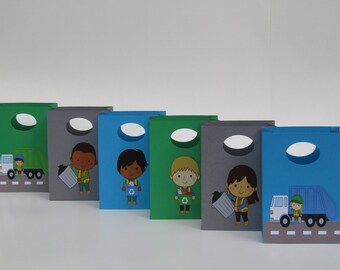 May include: Six colorful paper gift bags with handles, each featuring a different illustration of a child dressed as a sanitation worker. The bags are arranged in a row from left to right, with the green bag on the left and the blue bag on the right.