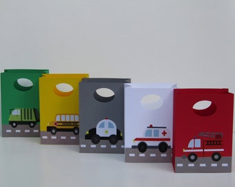 10 Cars Favor Bag - Cars and Trucks Candy Bag - Truck Treat Bag - Ambulance, Firetruck, Police Car, Transportation Vehicles Birthday Party